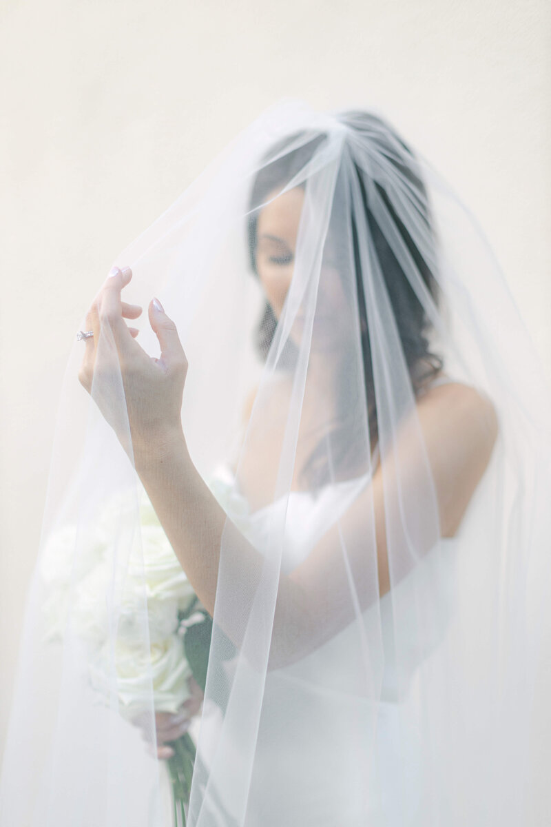 A bride runs her hands through her veil.