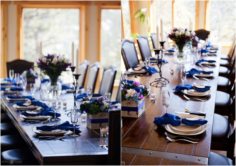 Wedding dinner table at a private VRBO rental home called Narrow Trail Ranch outside of Estes Park, Colorado