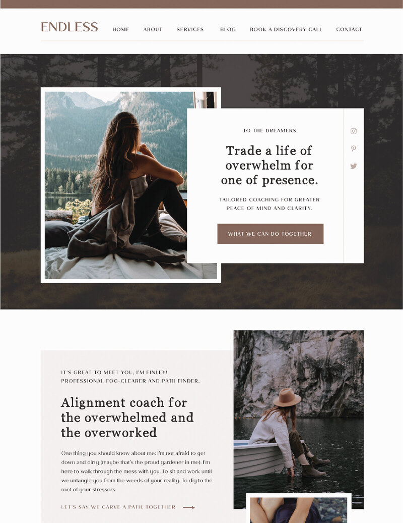 Home page for adventure inspired Showit website template