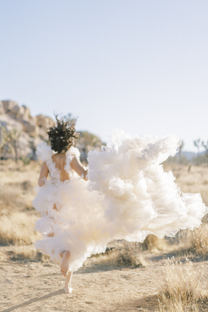 bride running away with a big puffy wedding dress  in Joshua Tree
