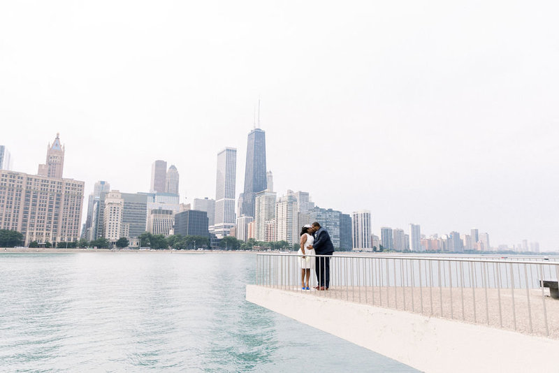 Bride and groom Chicago Skyline and Lake Michigan