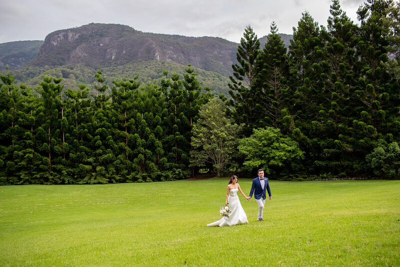 Beautiful wedding couple walking in the green field