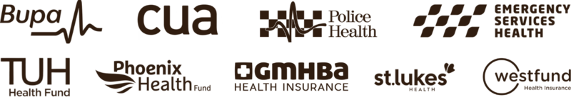9 logos of private health insurance funds: Bupa, CUA, Police Health, Emergency Services Health, Teacher's Union Health Fund, Phoenix Health Fund, GMHBA Health Insurance, St Lukes Health, Westfund Health Insurance