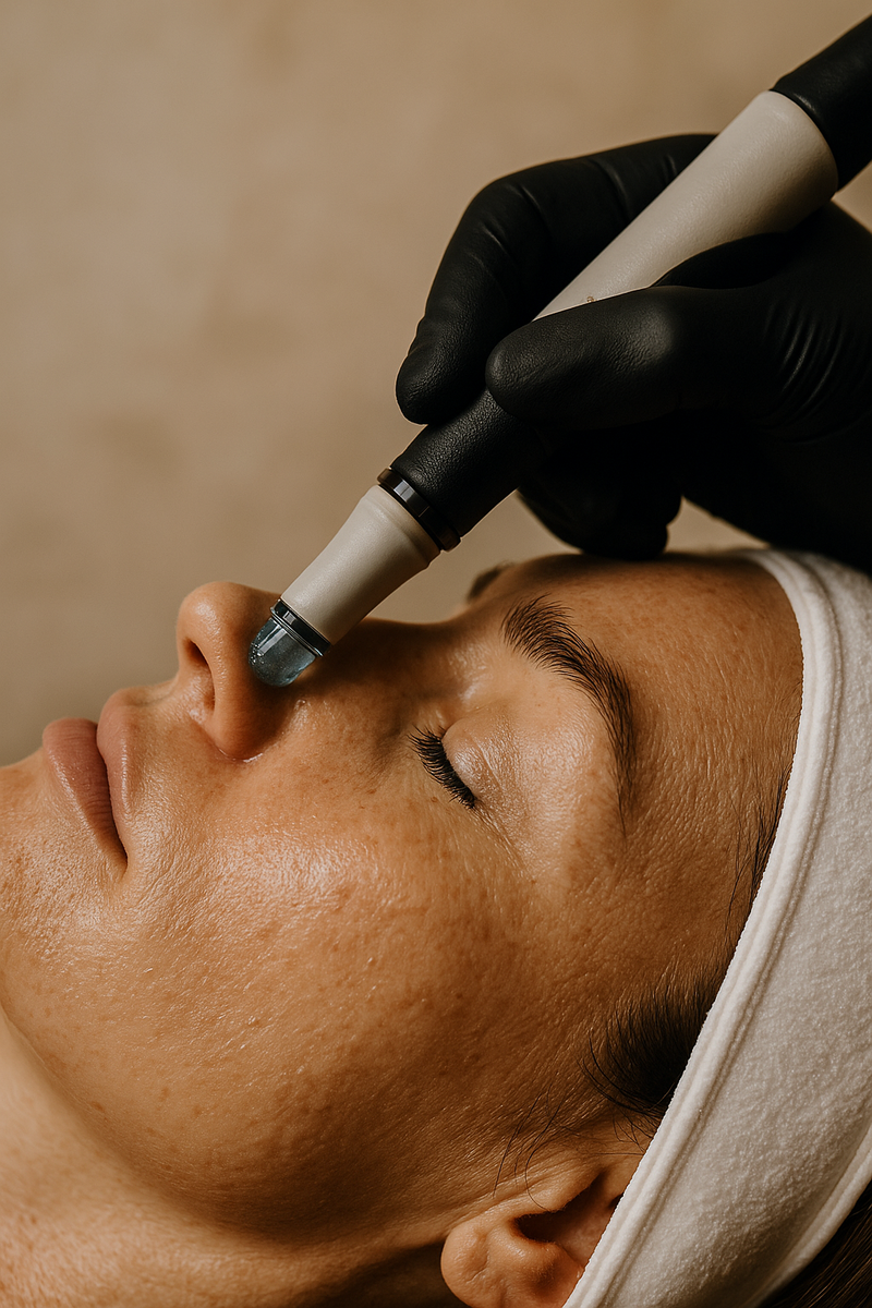 Close-up of Hydrafacial wand gently cleansing skin at Fresh Skin Babes Jenkintown PA.