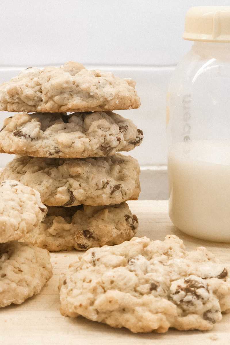 lactation cookies and bottle of breastmilk for postpartum milk supply