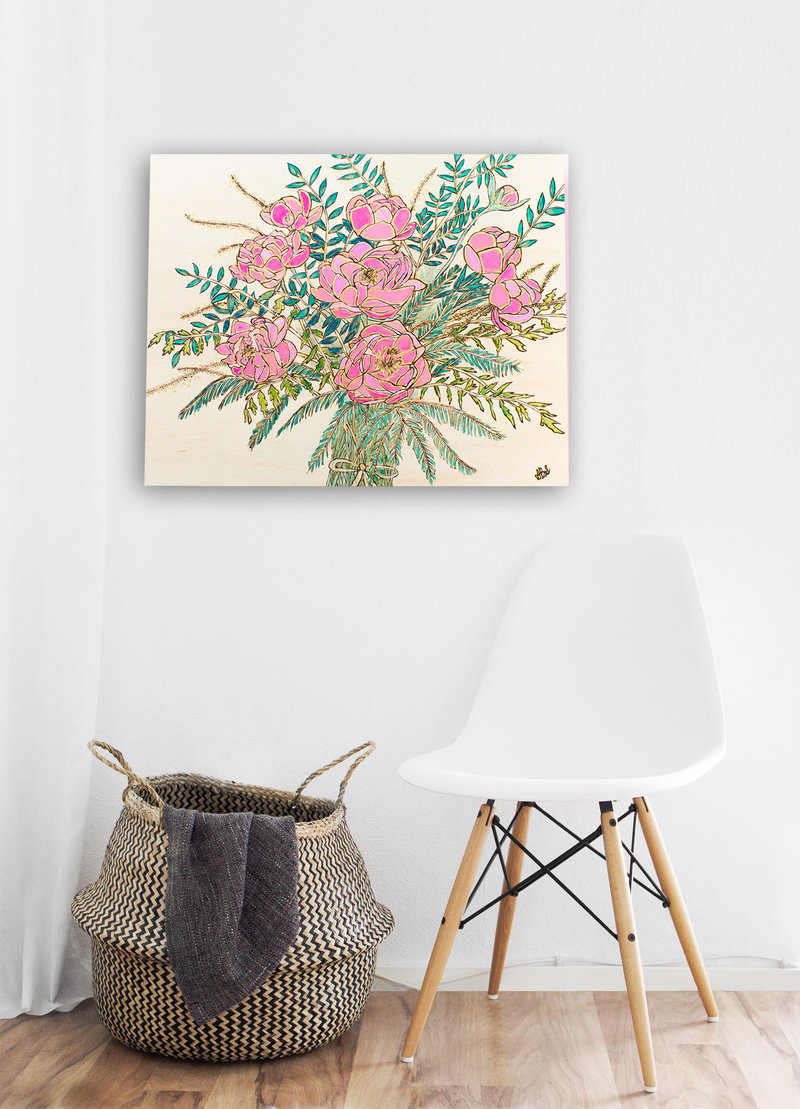 Pink peony wood burned bouquet on modern white wall