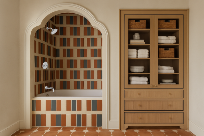 Dana Point whole home remodel by Orange County interior designer Terri Brien Interiors. Arched alcove tub shower with terracotta, cream and navy tile with spanish style terracotta floor tile.