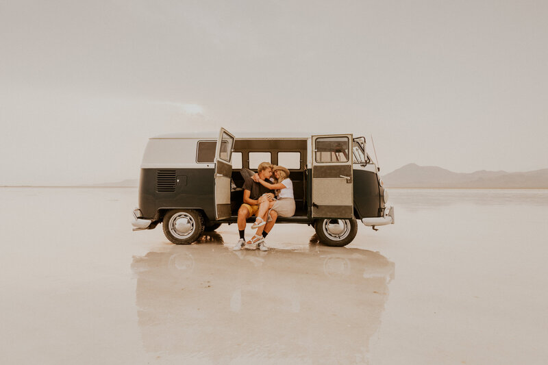 Utah Bonneville Salt Flats Adventure Couple with Vintage VW Van+ National Park Elopement Photographer