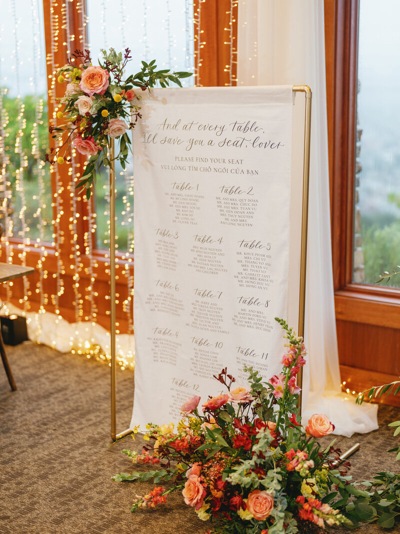 Large fabric seating chart hung on a gold stand