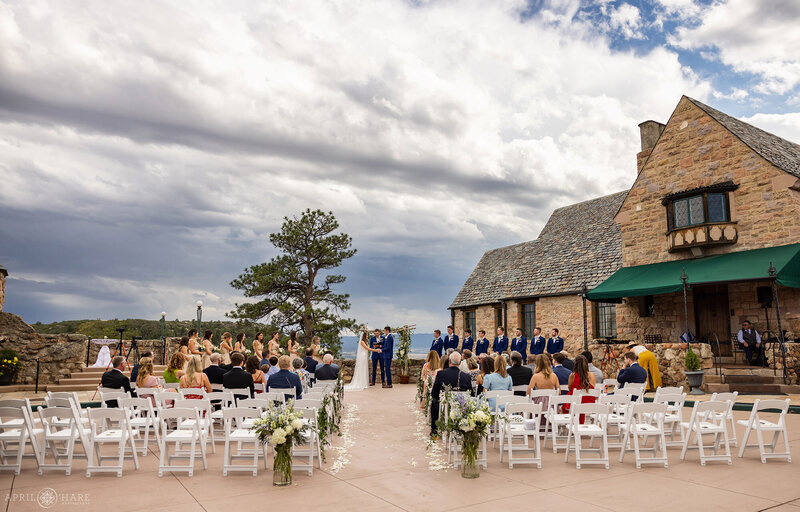 Wedding Ceremony in the Courtyard at Cherokee Ranch & Castle in Sedalia