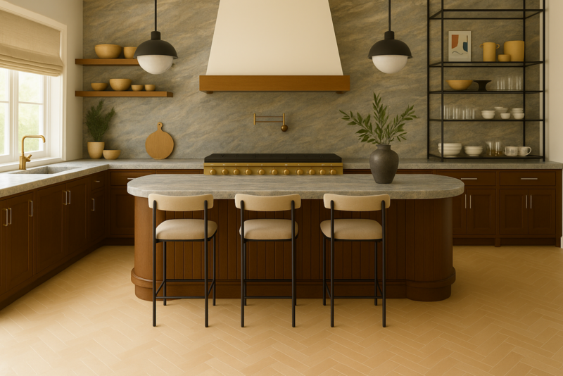 Dana point kitchen remodel by Orange county interior designer Terri Brien Interiors. Custom black countertop shelving with quartzite backsplash and countertops and walnut cabinets