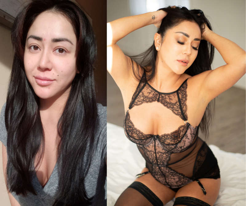 Before & after of a latino woman with long black hair getting her boudoir image taken