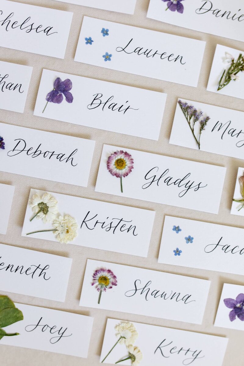 Wild flower place cards for a summer wedding