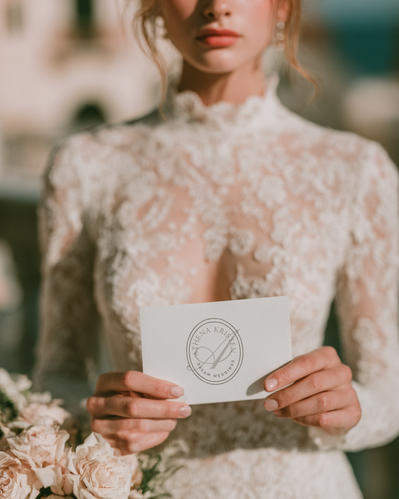 Athena Kristen wedding planner brand identity suite featuring elegant stationery, logo variations, floral imagery, business cards, and monogram details in a soft, romantic palette.