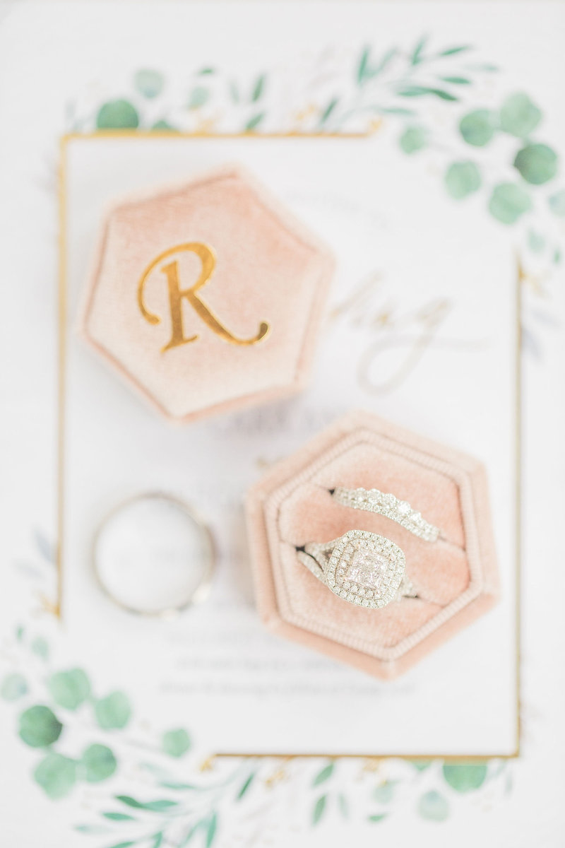 wedding day details shots, rings in box on invitation