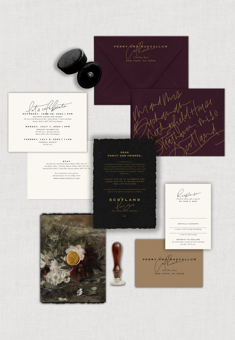 Invitation is gold foil printed on Onyx handmade paper with unique font pairing and touches of calligraphy to achieve that moody vibe, other suite pieces are printed on Snow White heavyweight cardstock, Sand colored RSVP envelope, Claret colored mailing envelope with gold calligraphy, finished with vintage artwork printed on a vellum wrap and paired with a gold wax seal.