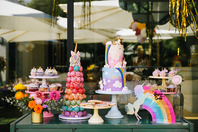 Unicorn themed birthday cake, cake balls, and cupcakes