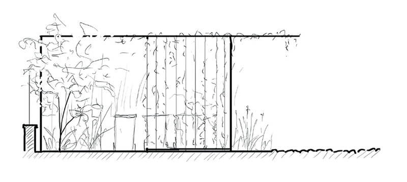 Croquis d'une cour avant d'une maison avec portail, sol pavé, graviers, traverses en bois et panneaux en bois pour plantes grimpantes