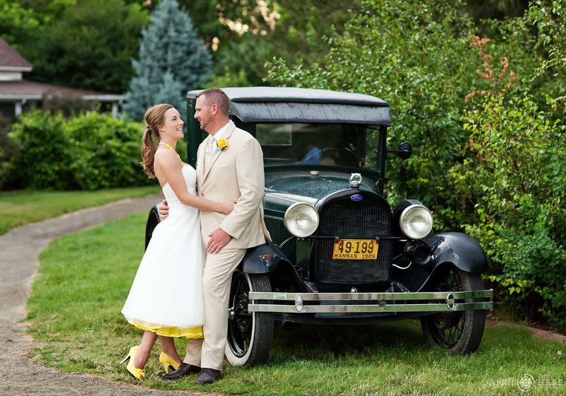 Wedding photography with vintage ford truck at Chatfield Farms Denver Botanic Gardens