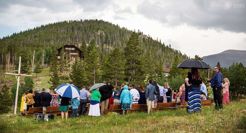 The John Timothy Stone Mountainside Chapel wedding ceremony with the Mountainside Lodge overlooking off in the distance