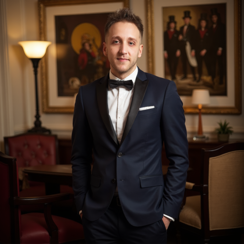 Wedding Photographer Niko Coric wearing tuxedo and bow tie in elegant room with framed art