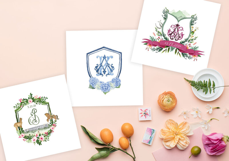 wedding crest and monograms with watercolor illustrations