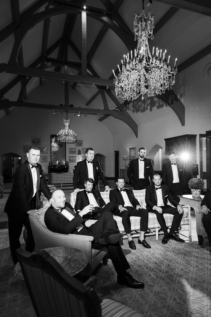 An iconic shot of all the groomsmen during the wedding day at the beautiful Southern Hills Country Club in Tulsa Oklahoma.