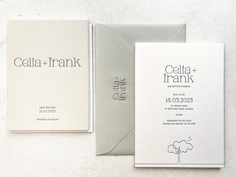 Celia letterpress  printed save the date invitation and envelope