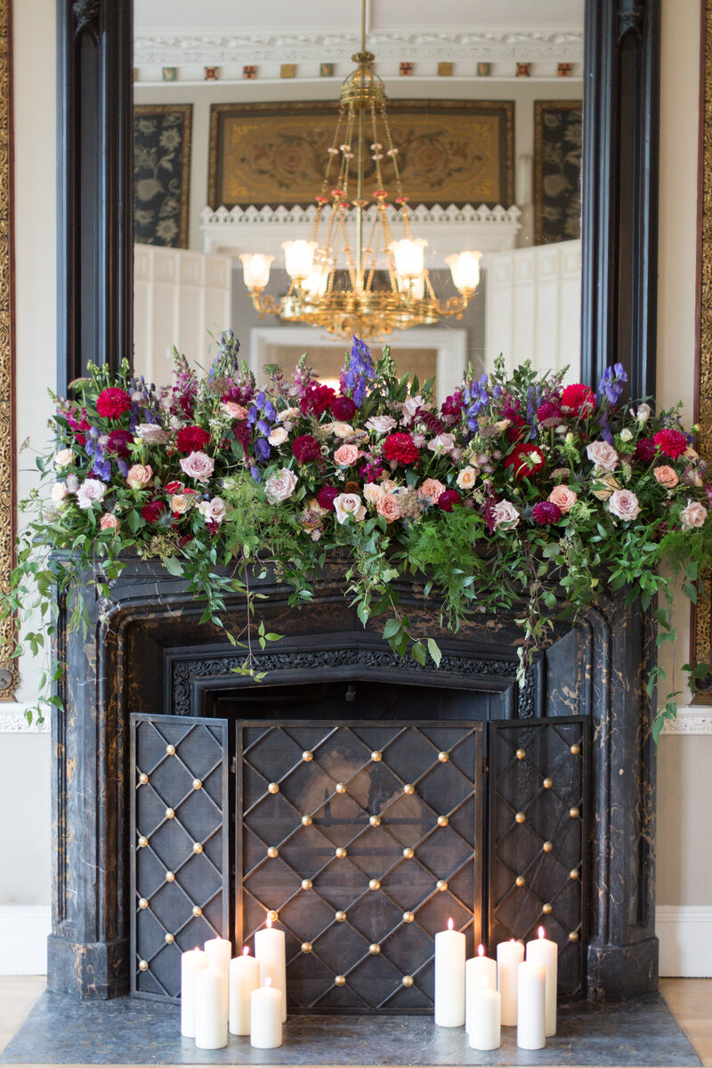 Wedding fireplaces, floral installation, wedding flowers romantic, natural floral designs