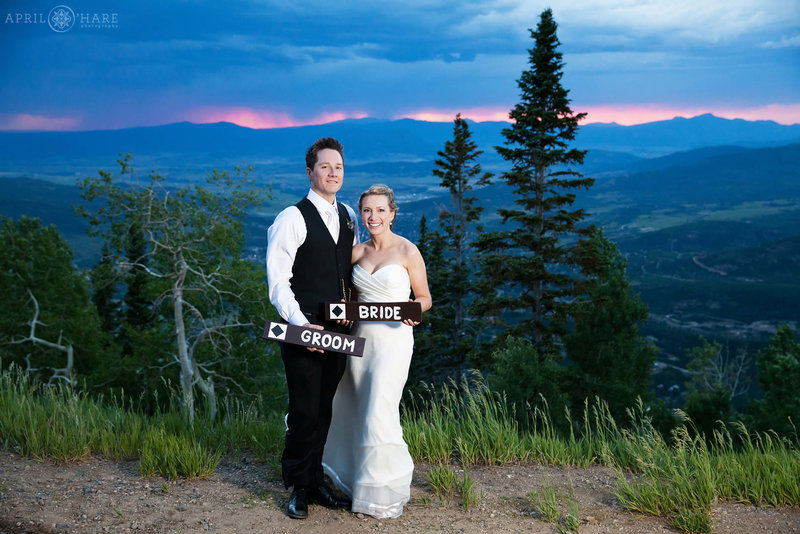 Windy stormy wedding photo  at sunset at Steamboat Springs Ski Resort in Colorado