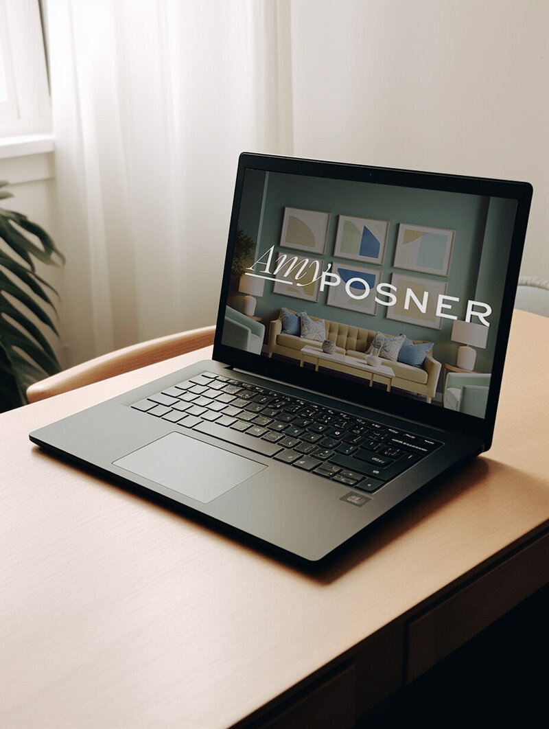 A laptop on a wooden table displaying a graphic design with the text "Amy Posner" over an image of a living room interior.