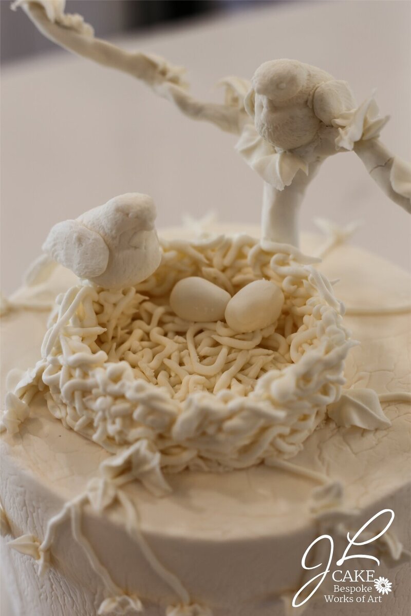 love birds with a nest and eggs on a  cake