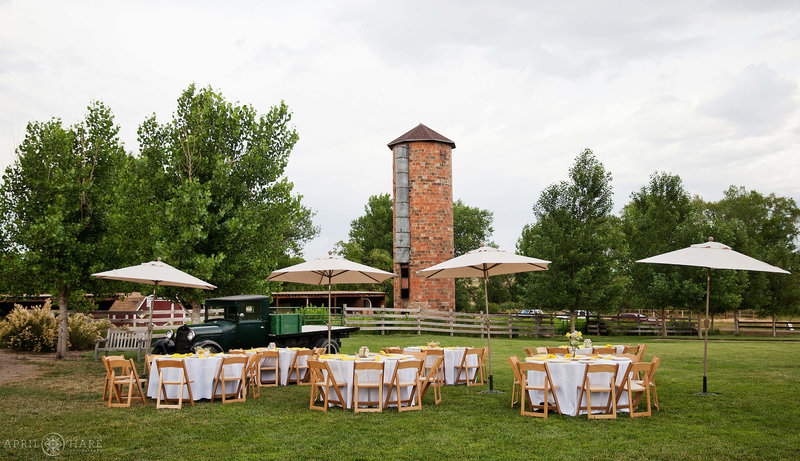 Wedding reception set up on the lawn at Chatfield Farms Denver Botanic Gardens