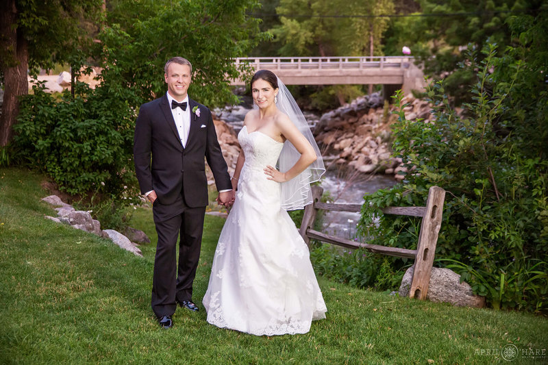 Pretty sunset portrait of a couple with river backdrop at Boulder Creek Wedgewood Weddings in Colorado