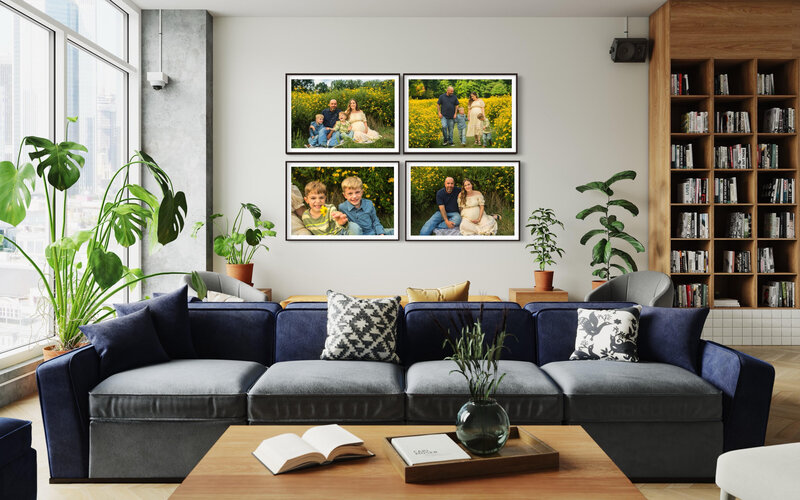 prints for family on a livingroom wall