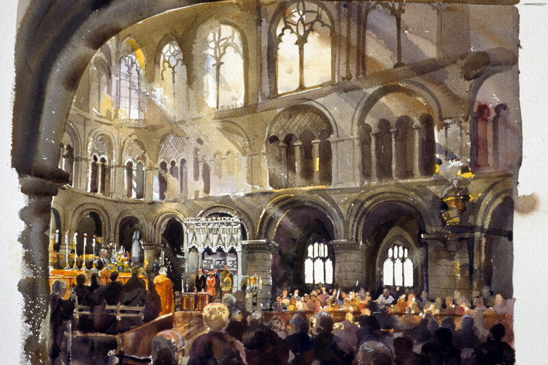 Watercolor art of the interior of a church