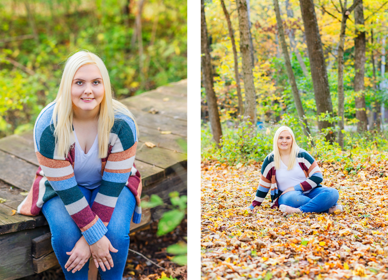 high school senior girl sitting woods at bertha brock park in ionia michigan with fall leaves