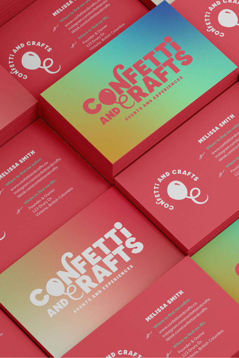 A layout of business cards for Confetti and Crafts, designed by Mighty Bean Co.