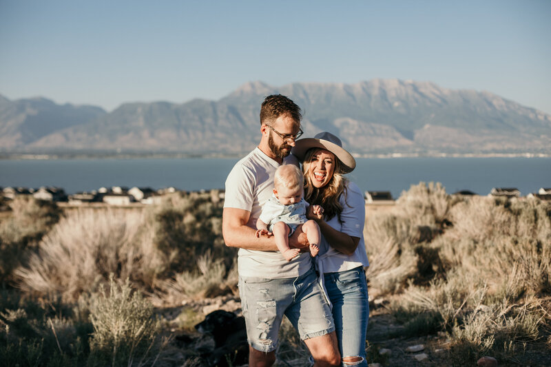 Cali Warner and family with Mt. Timpanogus behind and Utah Lake
