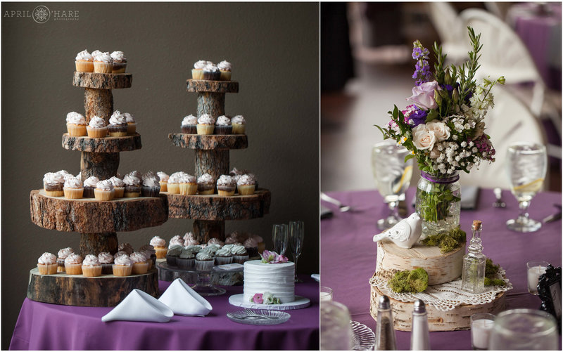 Detail photos of cupcakes and table centerpieces at Pines at Genesee