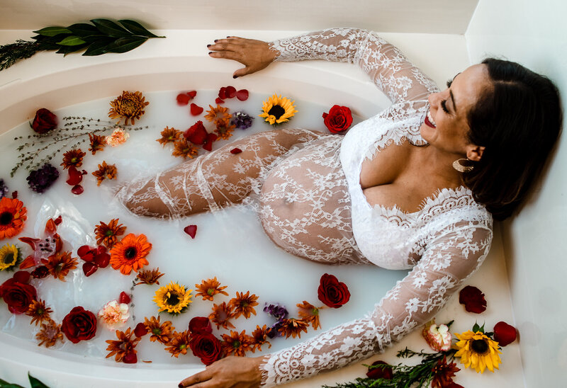 Milk bath and flowers maternity photoshoot