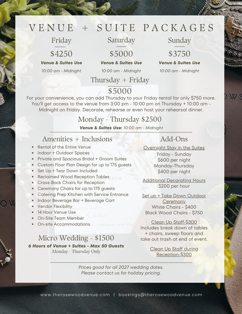 day wedding prices for saturday weddig venues near me mount pleasant texas ammenities reception ceremony prices rosewood venue 2027 wedding prices