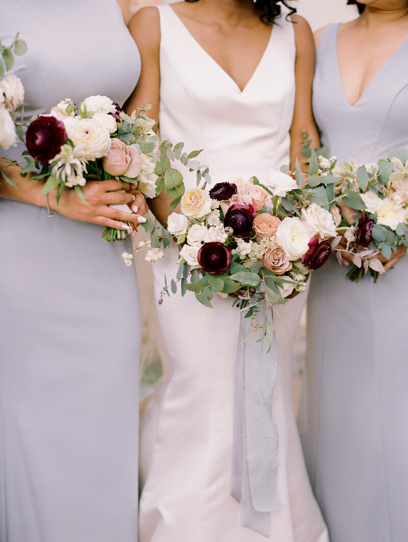 Grey Bridesmaid Dresses with Dusty Rose and Plum Bouquets