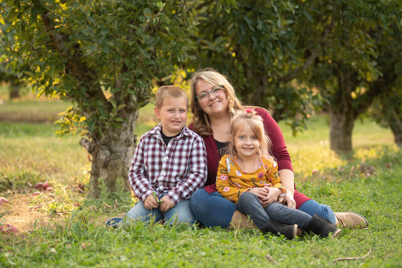 Family of 3. Mom and two young kids, apple orchard, Autumn Outifits