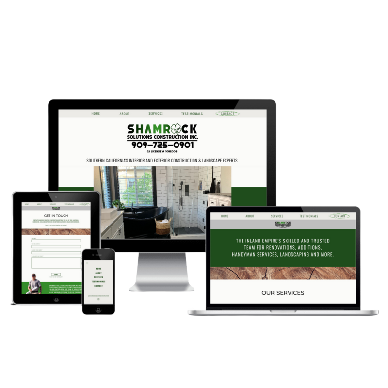 A graphic of a full computer screen, laptop, tablet and cell phone portraying a website built by The Sparrow Collective LLC for Shamrock Solutions Construction. A green and white modern construction website design.