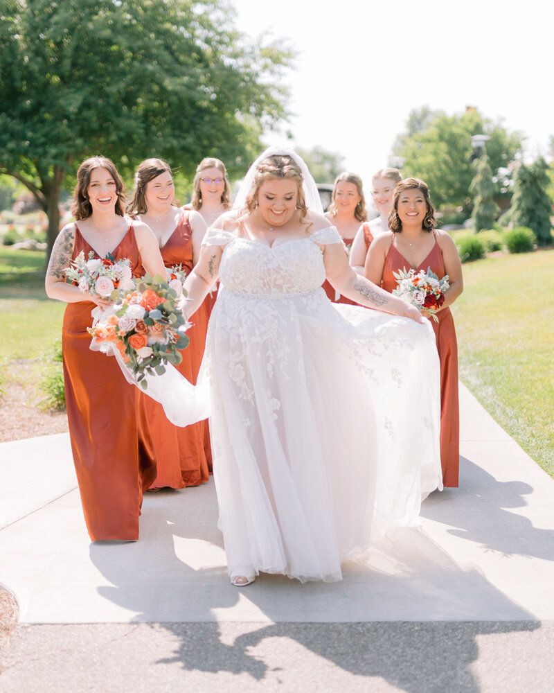 Bride and Bridesmaids in Copper Fall Gowns, Strolling at Union Pavilion, Byron Center