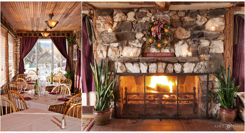 Interior photos of the fireplace and side patio room of the Bistro at Marshdale in Evergreen Colorado