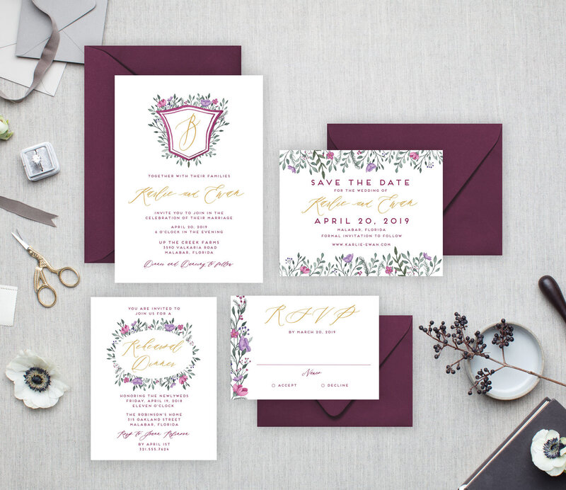 Watercolor Simple Crest Purple Wedding Invitations