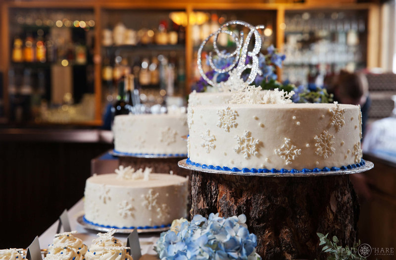 White wedding cakes with snow flake design A-Basin Wedding