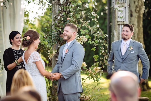 Laughter and joy at a customized Terrain Wedding, Main Line Philadelphia. The couple chose Cely Santana of Lehigh Valley Celebrants as their wedding officiant.